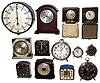 Clocks and Weather Instruments - 14 (Fourteen) alarm, travel, timer and salesman's samples in briefcase, 20th century and a box of clock keys and cranks