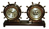 Chelsea Clock Co., Boston, for Baker, Lyman & Co., Inc., New Orleans, "Claremont" bronze and brass 8 day ship's bell striking clock and barometer/thermometer set with yacht wheel handles, #717516, c1967.