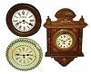 Clocks- 3 (Three) French-made 8 day time only, wall clocks with tic-tac movements two by Japy, two have painted metal cases, one with stained wood case with metal decorations, early 20th century.