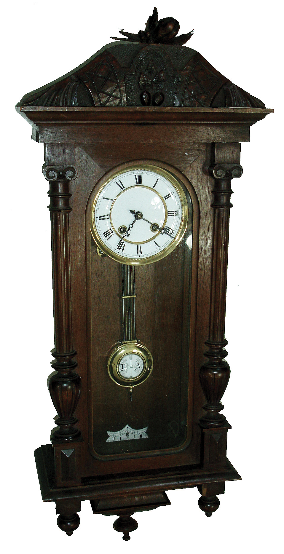 Clocks- 3 (Three) German walnut, 8 days, time and strike, spring driven, wall clocks: two R/A with white enamel dials and pendulum; one with ornate brass dial and pendulum; c1900 — Antique Clocks Price Guide