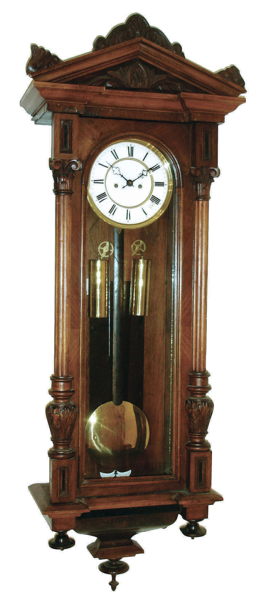 Clocks- 2 (Two) German 8 days, two weight Vienna Regulator style wall clocks in walnut cases, late 19th century. — Antique Clocks Price Guide