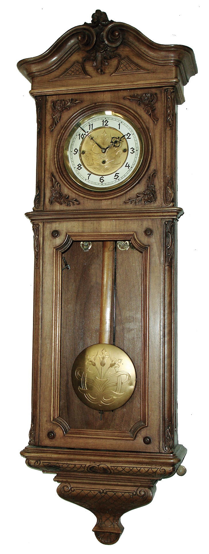 Clocks- 2 (Two) German walnut, 8 days, three weight Vienna regulators; one Gustav Becker; double door style with balustrade top, the other a 2nd Baroque with finely detailed carving; c1890 — Antique Clocks Price Guide
