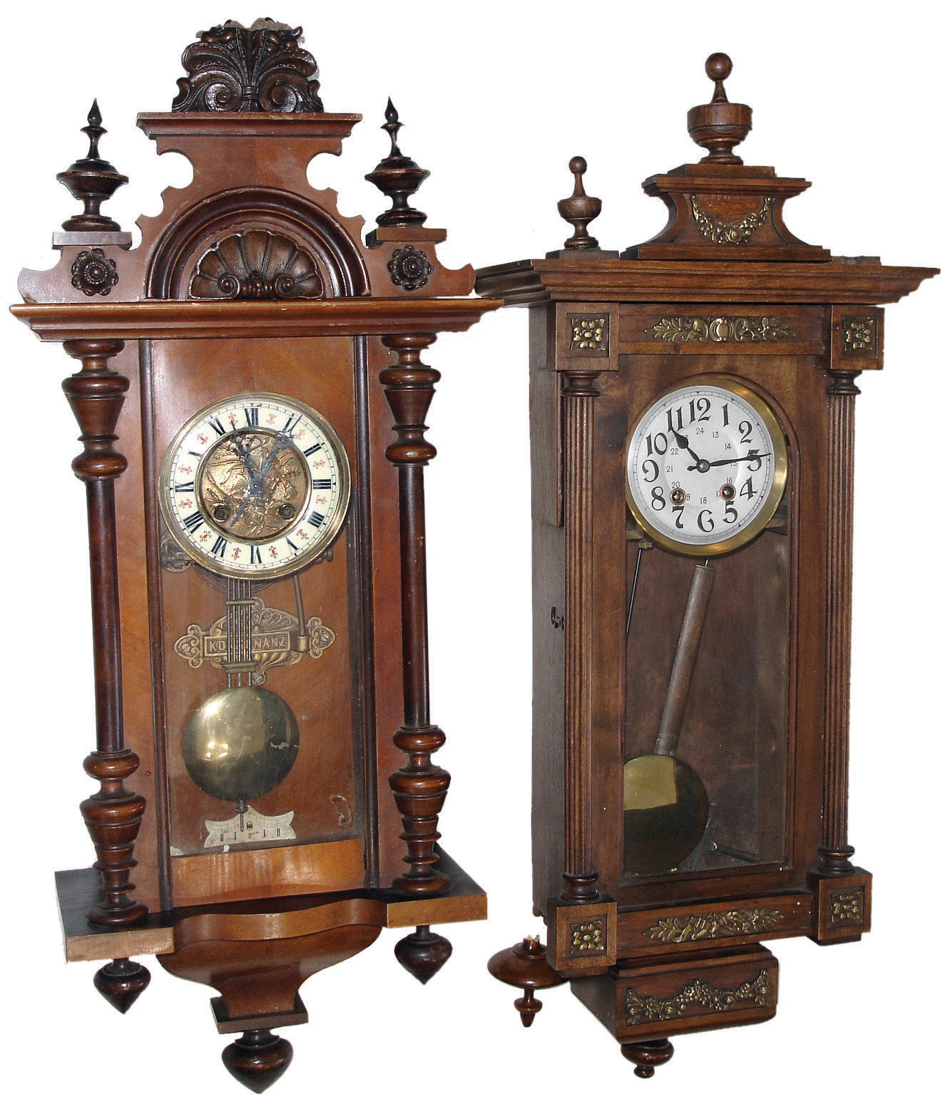 Clocks- 6 (Six) German walnut, 8 days, spring driven, wall clocks, five time and strike, one time only, c1900 — Antique Clocks Price Guide