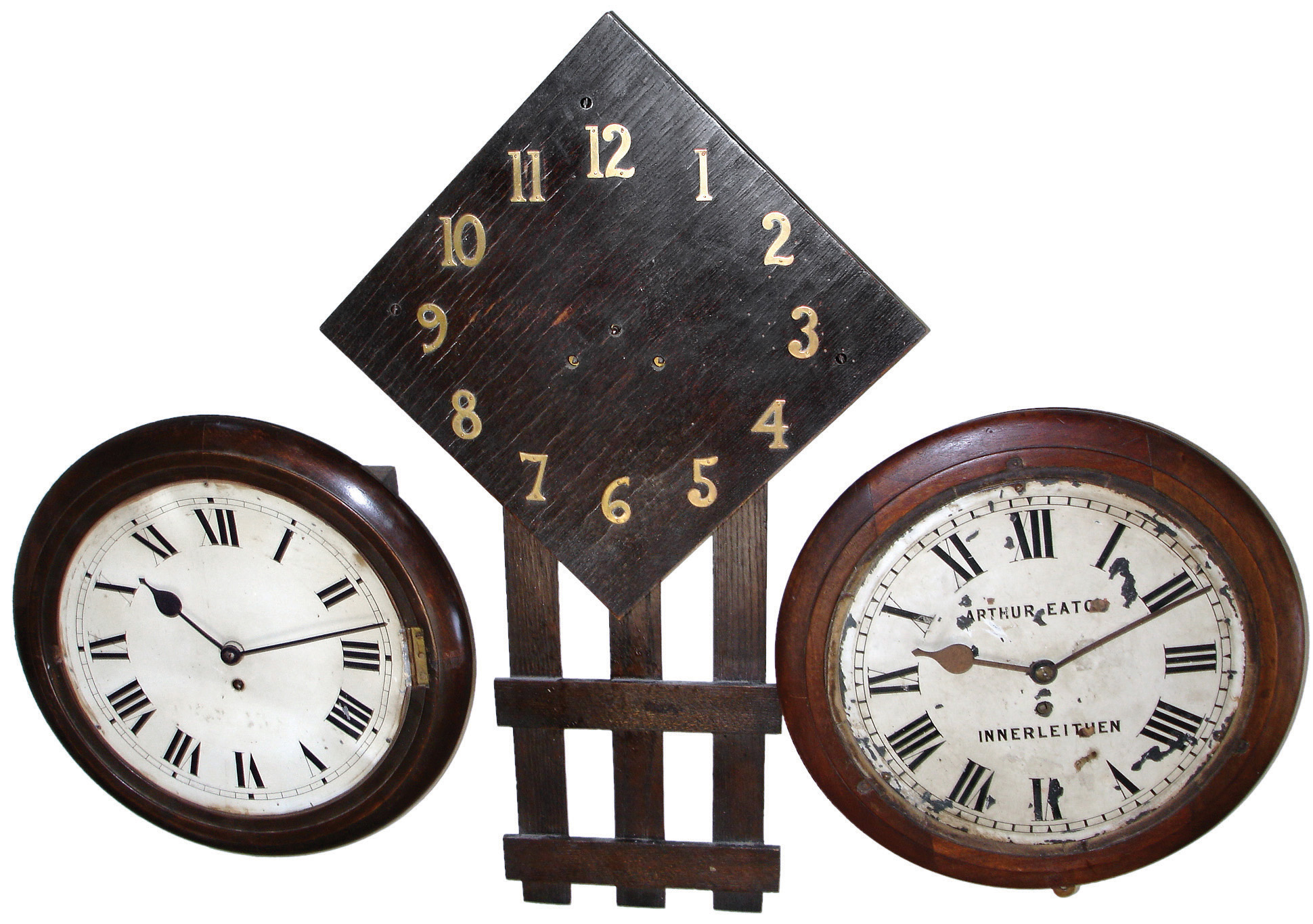 Clocks- 5 (Five) wood case, 8 days, spring driven, wall clocks: English dial single fusee; German (?), time only, round gallery clock; Connecticut oak mission time and strike; German, time and strike, with leaded glass; and American, time and strike, long-drop school clock; early 20th century — Antique Clocks Price Guide