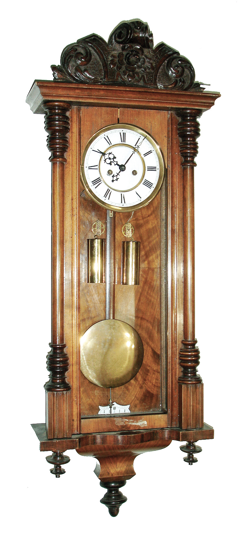 Clocks- 4 (Four) walnut, 8 days, 2 weight Vienna regulator wall clocks: one from Wien; three with Gustav Becker trademark on movement plates; c1890 — Antique Clocks Price Guide
