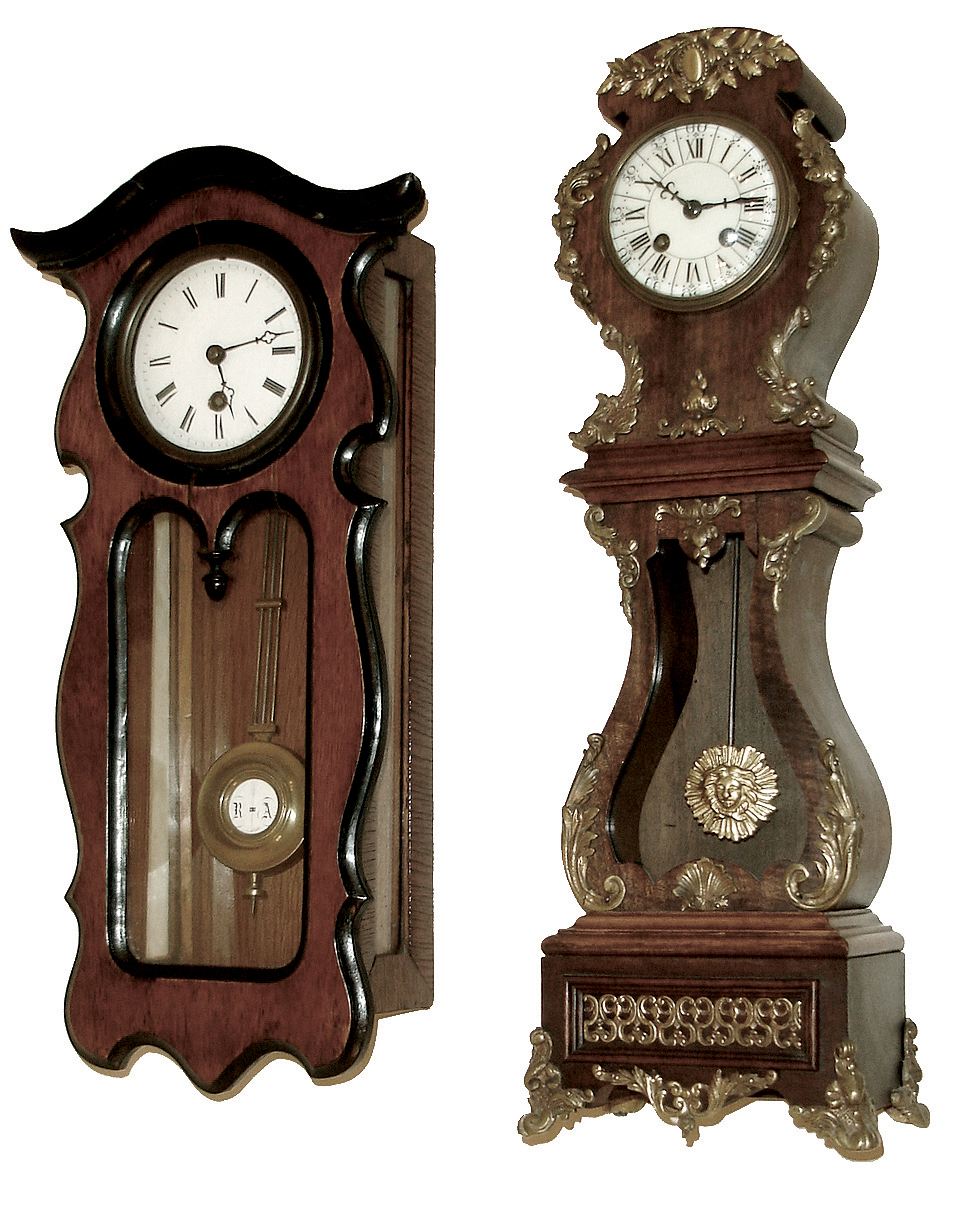 Clocks- 2 (Two): the first a miniature Vienna style, 8 days, timepiece, walnut case with ebonized trim, Roman numeral white enamel dial, late 19th century, the other a French miniature tall clock, mahogany bombe case with applied gilt ornaments, Roman numeral white enamel dial, 8 days, time and strike, pendule a Paris movement signed ÓMaple & Co. ParisÒ, c1900 — Antique Clocks Price Guide