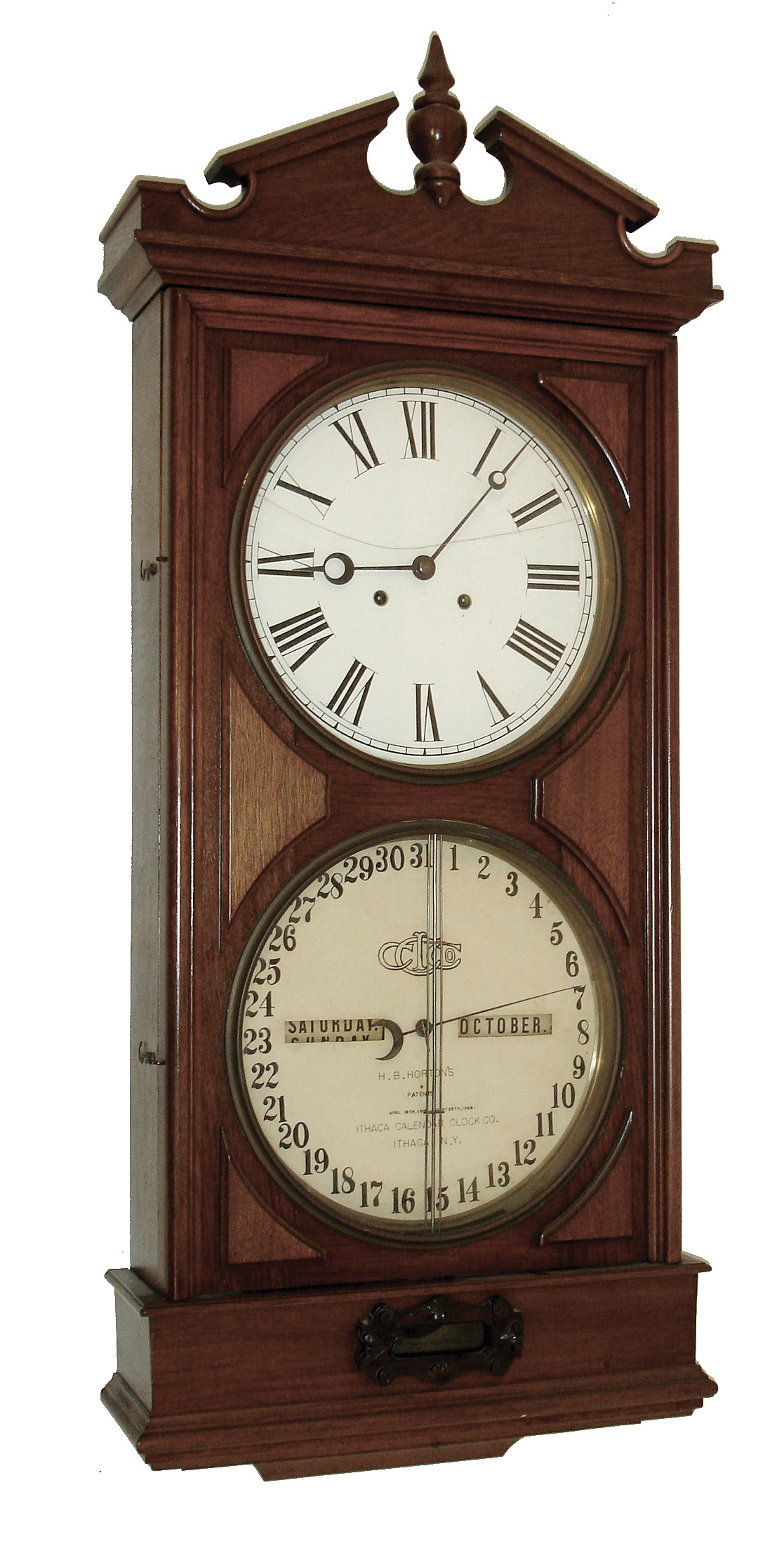 Ithaca Calendar Clock Co., Ithaca, N.Y.. ÓRegulator No. 2 or Hanging BankÒ wall clock, 8 days, time and calendar, two, weight driven movement in a walnut case with papered metal dials, dated July, 1871, number 961 — Antique Clocks Price Guide