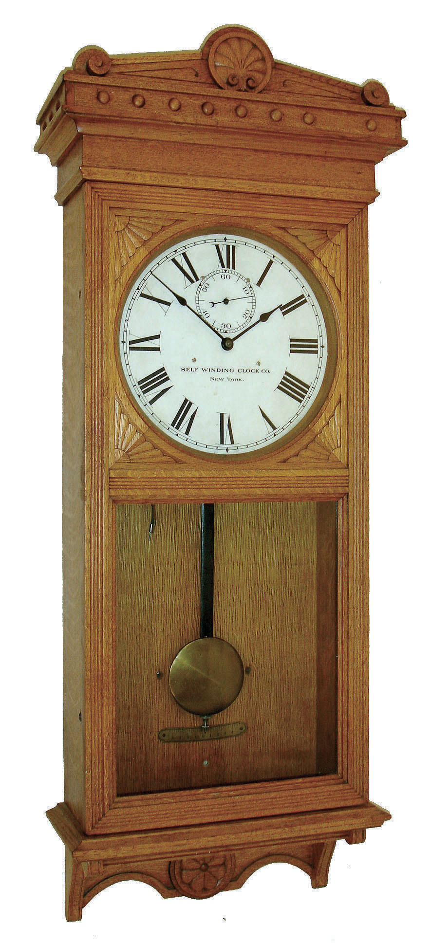 Self-Winding Clock Co., New York, NY, ÓNo.18Ò oak hanging regulator, c1898, plus two larger black painted dials — Antique Clocks Price Guide