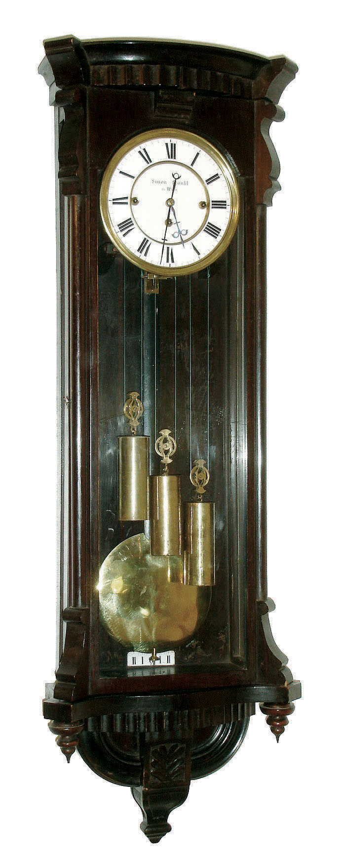 Simon Franklin in Wien, Austria, Vienna regulator, case with rosewood graining, door with scrolled corbels, bowed, fluted top with conforming cavetto cornice, bottom with curved moldings and applied carved drop, signed Roman numeral white enamel dial, pierced blued steel hands, brass, 8 days, 3 train grand sonnerie striking movement, polished brass pendulum and weights, c1860 — Antique Clocks Price Guide