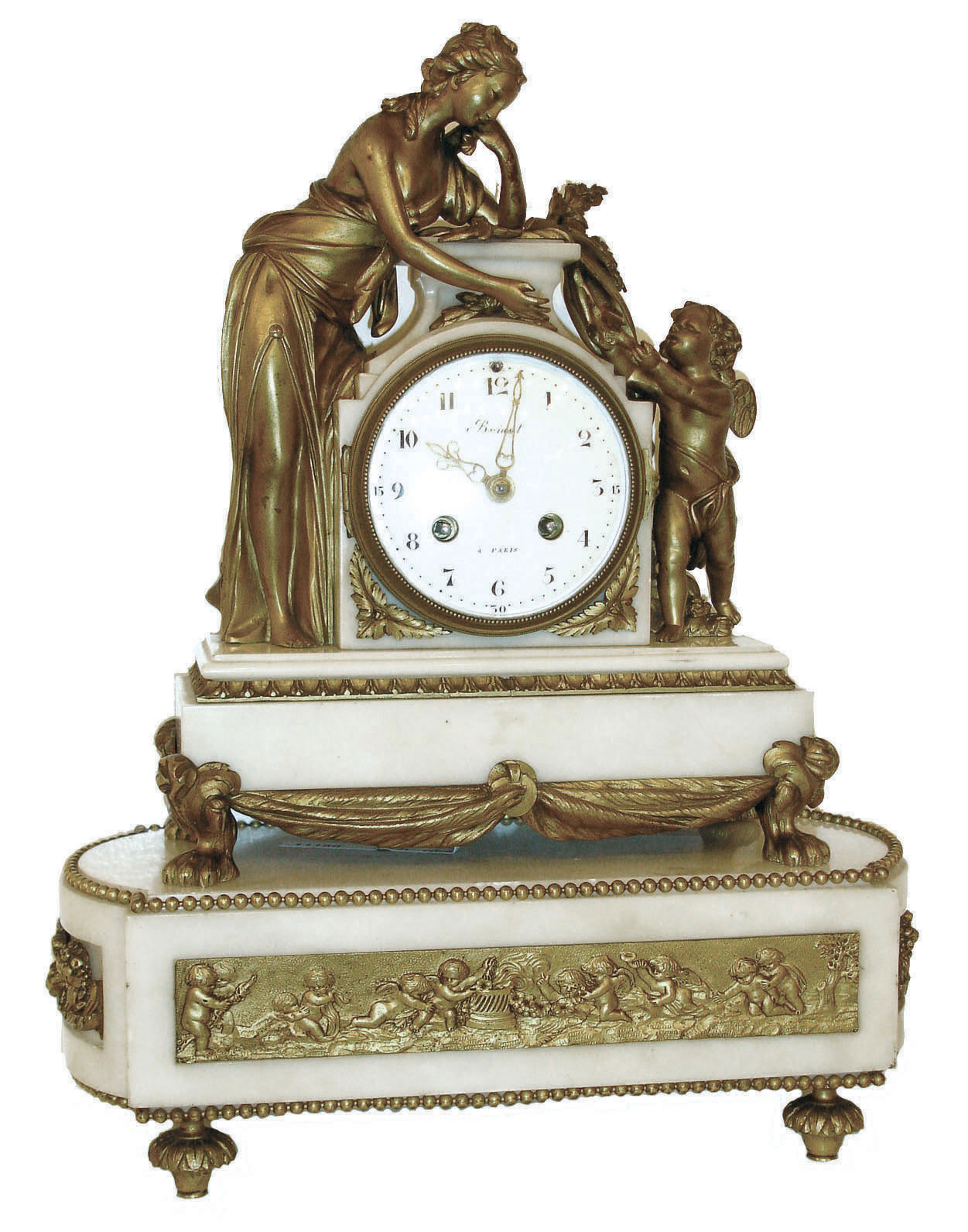 France, Briant, marble and gilt bronze mantel clock with separate base, the base with convex ends, and with recessed panels, all with gilt ornament, the front in relief depicting putti creating mischief, and on foliate ornamented toupie feet, the base of the clock case with gilt swags and with paw feet, and the upper section with figures flanking the dial, a putto on the right presents a bird to the standing female at the left, Arabic numeral white enamel dial signed ÒBriant a ParisÓ, gilt pierced and engraved hands, 8 days, time and strike, pendule a Paris movement marked Vincenti, c1870 — Antique Clocks Price Guide