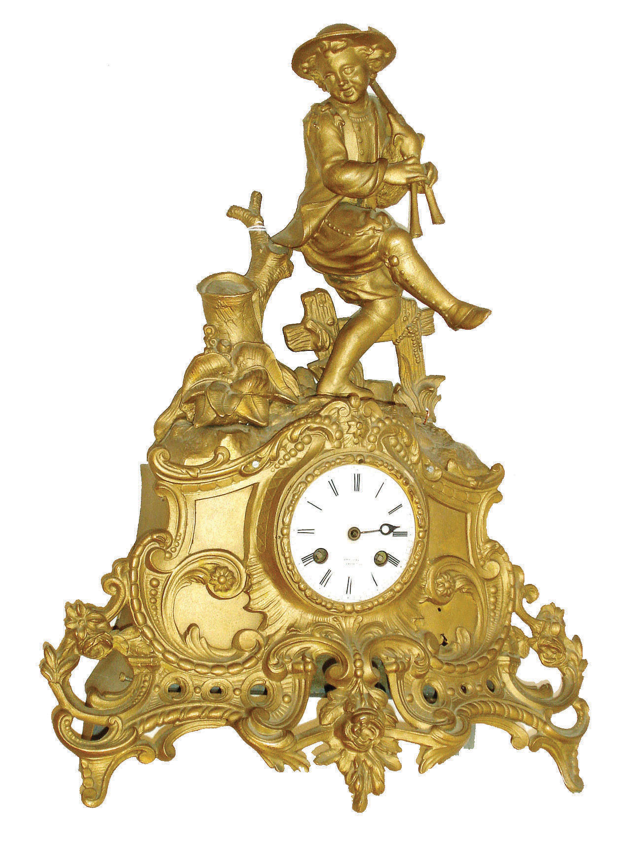 France, spelter or white metal with gilt finish figural clock, and with good pendule a Paris movement, the dial signed Brossier, and the case showing a young boy in knickers playing the bag pipes, c1900 — Antique Clocks Price Guide