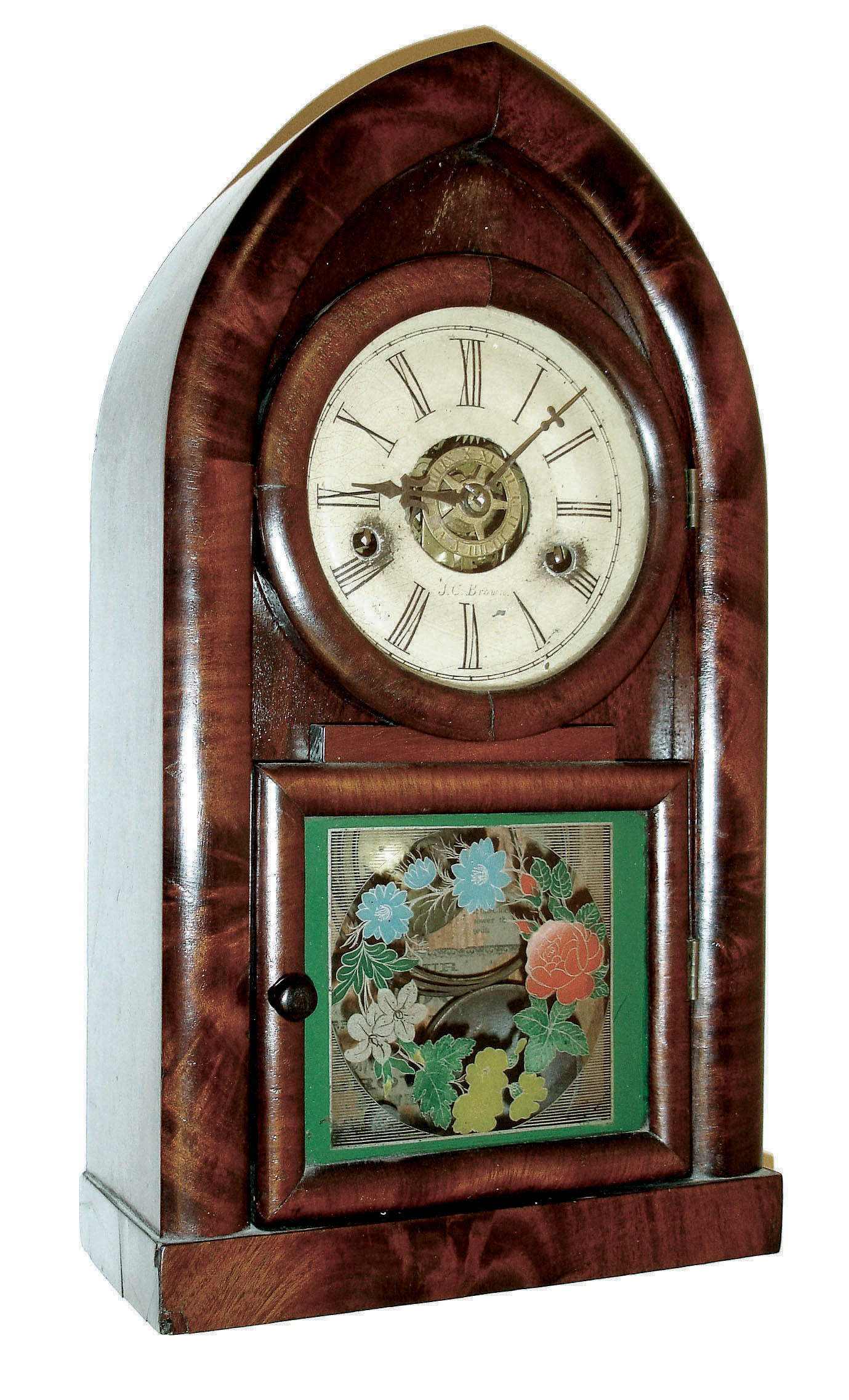 J.C. Brown, Forestville Conn., miniature plain front ÒBeehive or Round GothicÓ shelf clock, 30 hours, time, strike & alarm, c1850 — Antique Clocks Price Guide