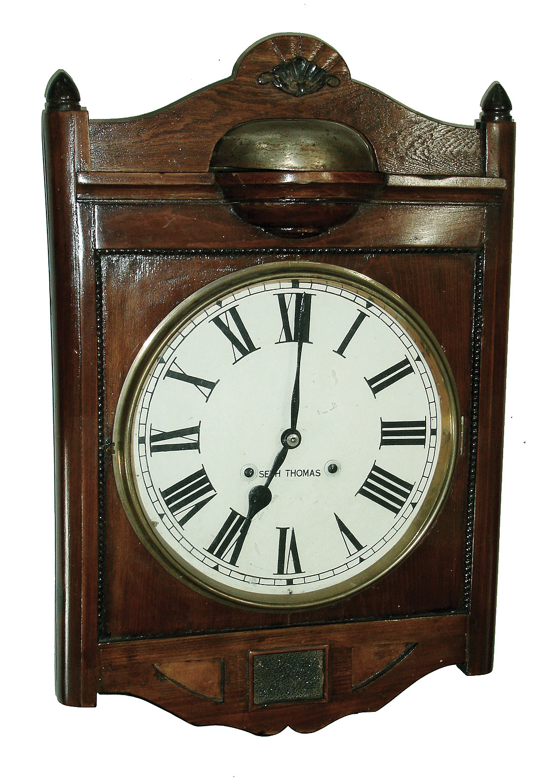 Clocks- 3 (Three) wall clocks 8 days wood: (1) ÓSDHÒ French Art Deco style walnut 3 train chiming; (2) unusual wall clock with stained wood case, exterior bell and, time and strike, Seth Thomas movement and paper dial, early 20th century. (3) German carved stained wood, 30 hours, hanging cuckoo clock, cast-plate movement signed ÓG.G. Berger, GermanyÒ, c1910 — Antique Clocks Price Guide
