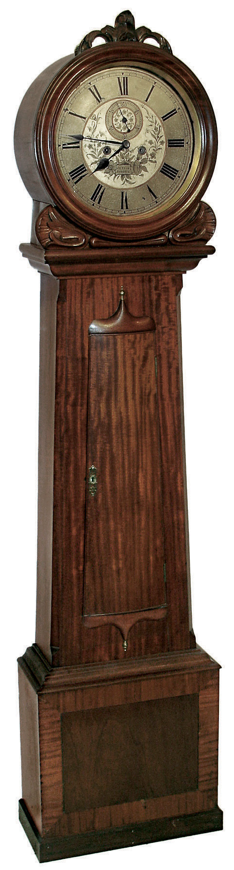 J.D. Reid, Airdrie, Scotland tall case clock, 8 days, time and gong strike, weight driven movement in a drum head mahogany and mahogany veneer case with a gold leafed iron dial, c1840 — Antique Clocks Price Guide