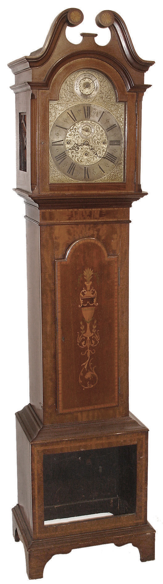Germany, unsigned tall case clock, 8 days, time, strike and chime, three, weight driven movement in an inlaid mahogany case with a brass dial and silvered chapter ring with a chime / silent selector, c1890 — Antique Clocks Price Guide