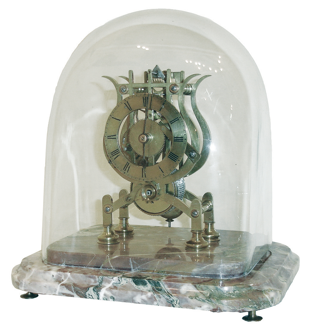 Skeleton clock, England, the, 8 days, fusee movement with pierced brass plates of lyre form, turned baluster pillars, recoil escapement, engraved Roman numeral brass dial with blued steel hands, all on turned feet and mounted to a stepped, varicolored marble base, with glass shade, c1850 — Antique Clocks Price Guide