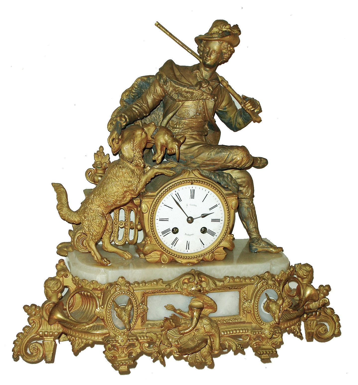 Clocks- 2 (Two) European: (1) French gilt spelter, brass and white onyx figural, 8 days, time and strike, mantel clock, Japy Freres movement, Ph.Mourey case, dial signed ÓS. Glink, Budapest c1890; (2) Winterhalder & Hoffmeier, Germany, oak time only, 8 days, wall clock in English style, c1900 — Antique Clocks Price Guide