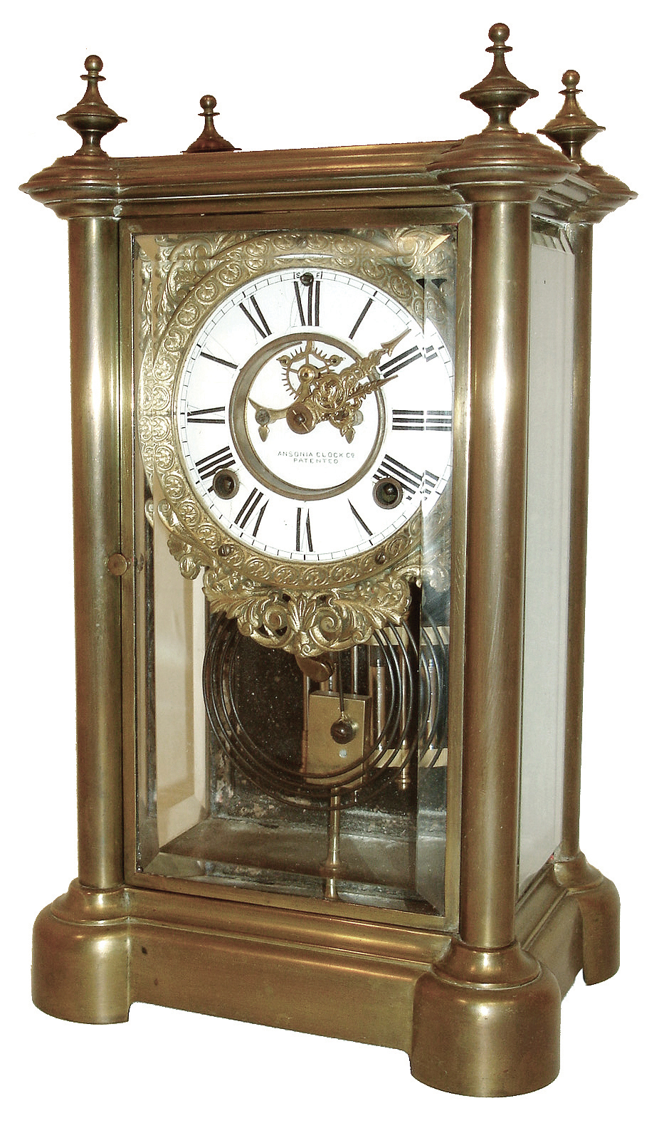 Clocks- 2 (Two) Ansonia Clock Co., New York, crystal regulator, 8 days, time and strike, spring driven movement, brass and beveled glass case: (1) ÒSummit ExtraÓ, half hour strike, c1894. (2) ÒProvenceÓ, c1914 — Antique Clocks Price Guide