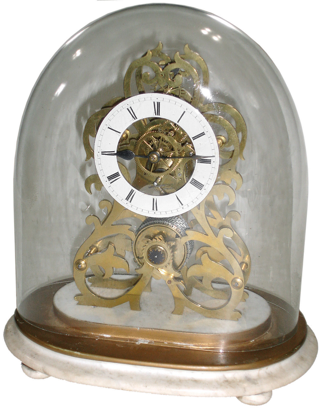 Skeleton clock, England, brass, 8 days, time only, mantel clock with chain-driven fusee, white marble base, oval glass dome (cracked), c1880 — Antique Clocks Price Guide