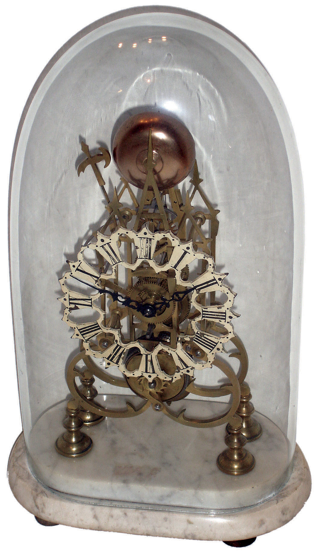 English brass, 8 days, time and passing strike skeleton clock on white marble base with oval glass dome, single fusee with chain, c1870 — Antique Clocks Price Guide