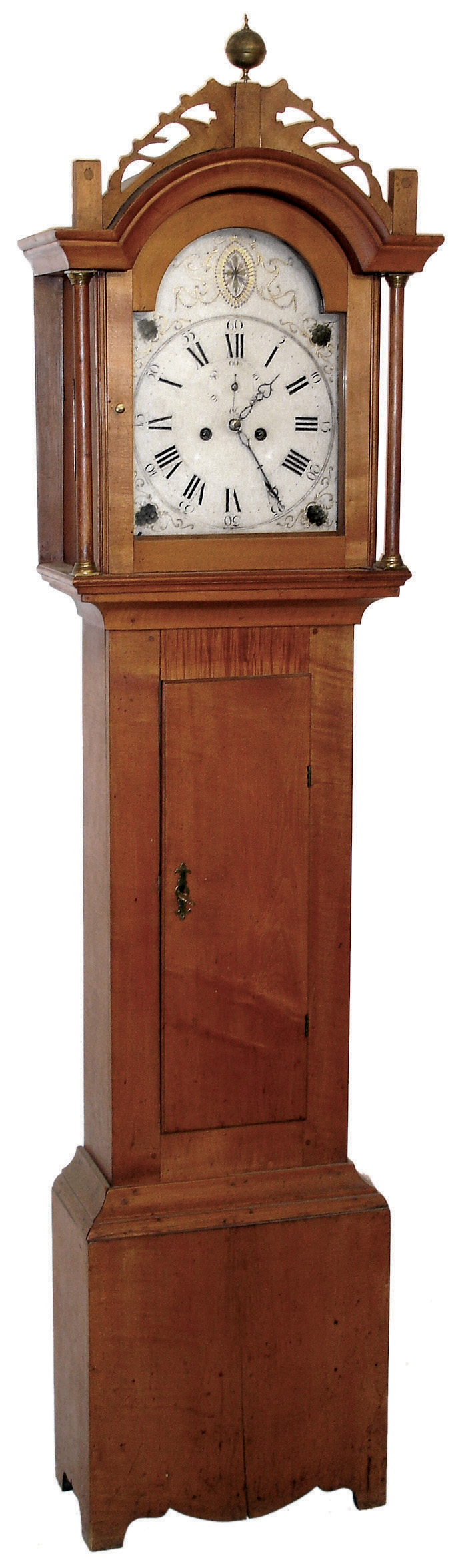 Unsigned New Hampshire tall clock, 8 days, time and strike, weight driven movement with typical New Hampshire cutouts in a maple and tiger maple case with full columns and fret work crest on hood with a painted metal dial, dated 1818 inside trunk door — Antique Clocks Price Guide