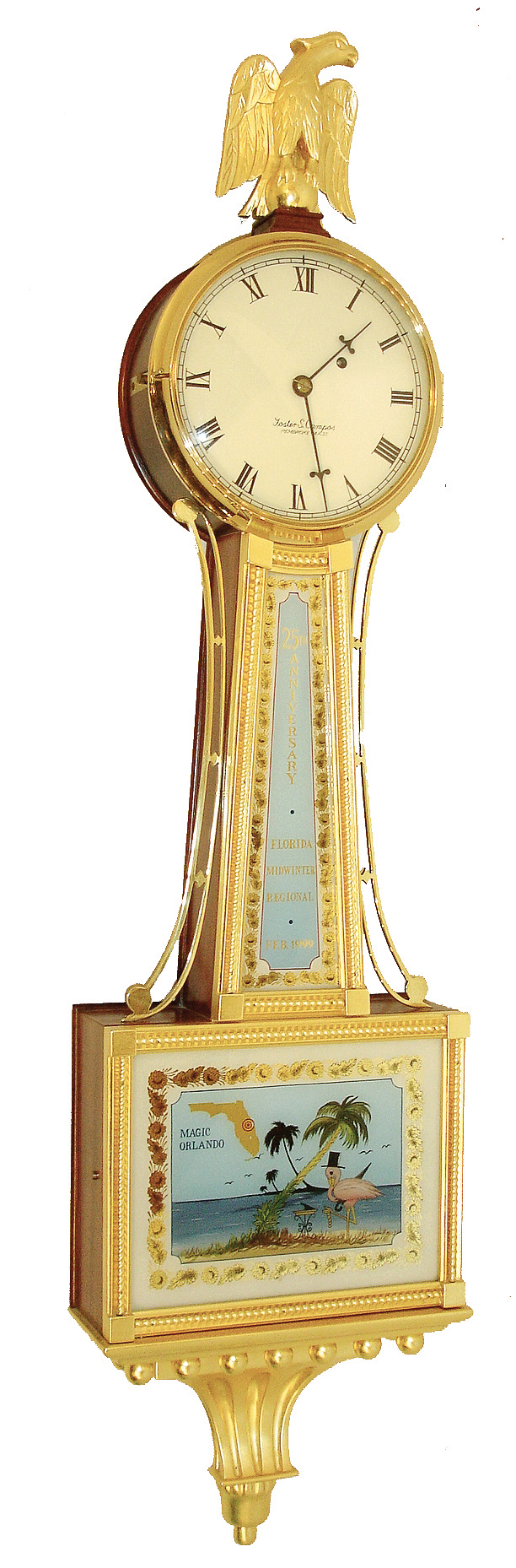 Foster Campos, Pembroke, Mass., 8 days, weight brass movement gilt Patent or banjo timepiece, c1999 — Antique Clocks Price Guide