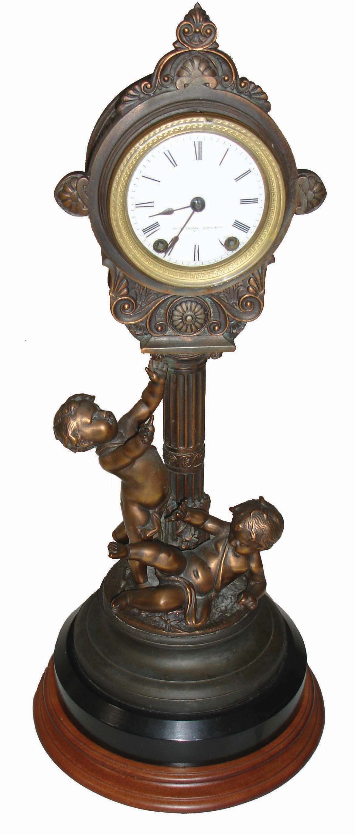 Seth Thomas Sons & Co., New York, NY, ÒNo. 8064Ó bronzed figural 15 day, time and strike, mantel clock, c1872, with later turned hardwood base — Antique Clocks Price Guide