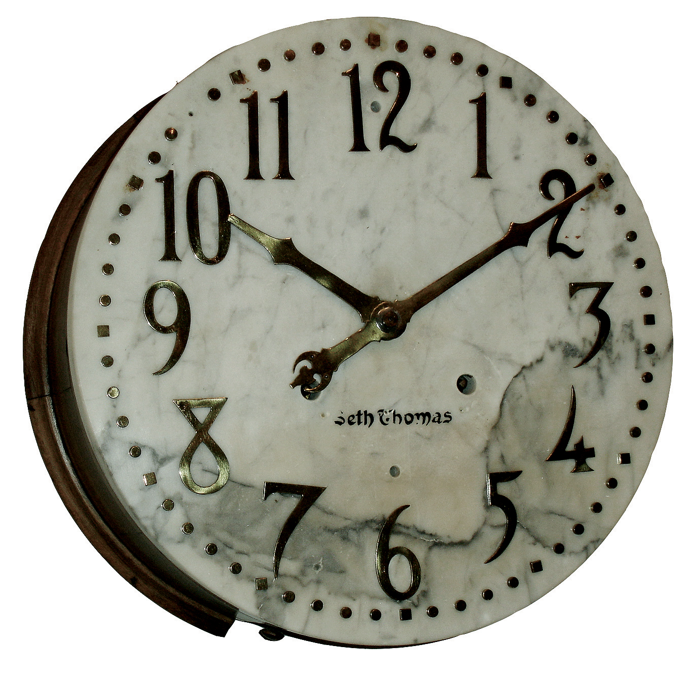 Seth Thomas Clock Co., Thomaston, Conn., ÓMarble No. 0Ò marble dial gallery clock with 30 day, time only, spring No. 86-AB front wind movement with Graham dead-beat escapement, applied bronze Arabic numerals and bronzed hands, c1913 — Antique Clocks Price Guide