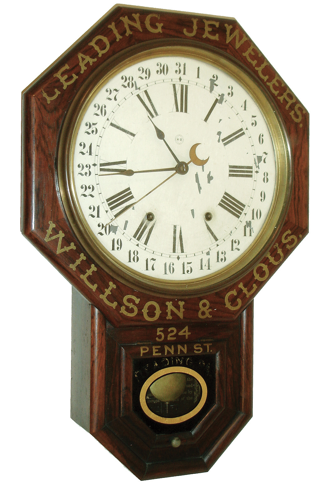 Seth Thomas Clock Co., Thomaston, Conn., 12Ó octagon drop advertising clock, with a painted ad on case and tablet for ÒLEADING JEWELERS / WILSON & CLOUS / 524 PENN ST./ READING, PA.Ó 8 days time and gong strike movement, c1900 — Antique Clocks Price Guide
