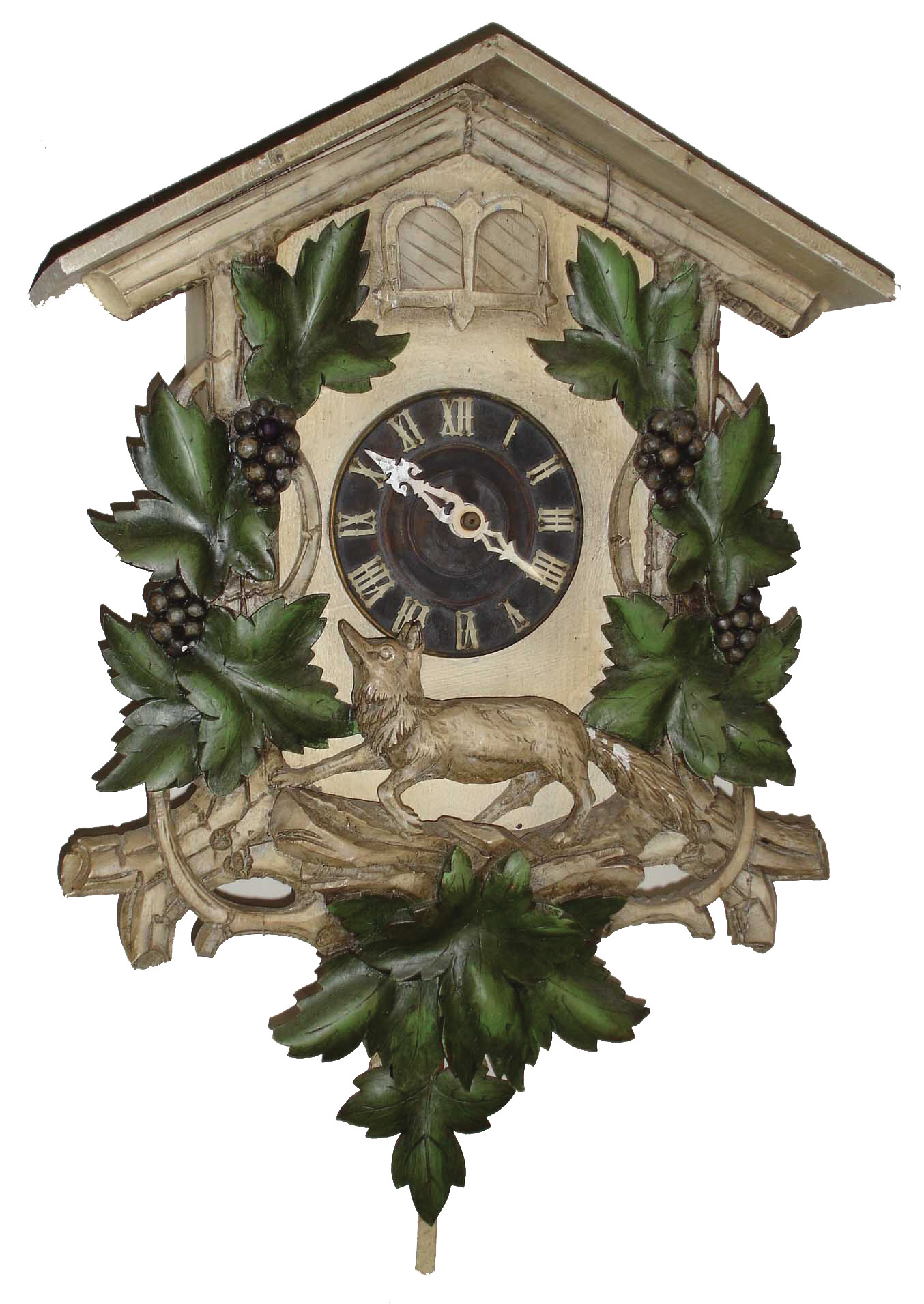 Clocks- 6 (Six): (1) German Black Forest painted wood and plaster 3 weight cuckoo and quail 30-hour hanging wall clock, c1890; (2) Columbus Clock in original wooden box, c192; (3) Bench-made reproduction J. C. Brown French foot ÒacornÓ shelf clock with Seth Thomas, 8 days, time and strike, movement and Independence Hall glass; (4) Howard Miller reproduction pillar and scroll shelf clock with 1050-020 German triple-chime movement; (5) Seth Thomas chiming electric mahogany tambour mantel clock, dated 1948; (6) Bench-made reproduction kidney dial Massachusetts shelf clock with 8 days, weight-driven, time only, movement with passing strike, (Nos. 3, 4 & 6 - late 20th century) — Antique Clocks Price Guide