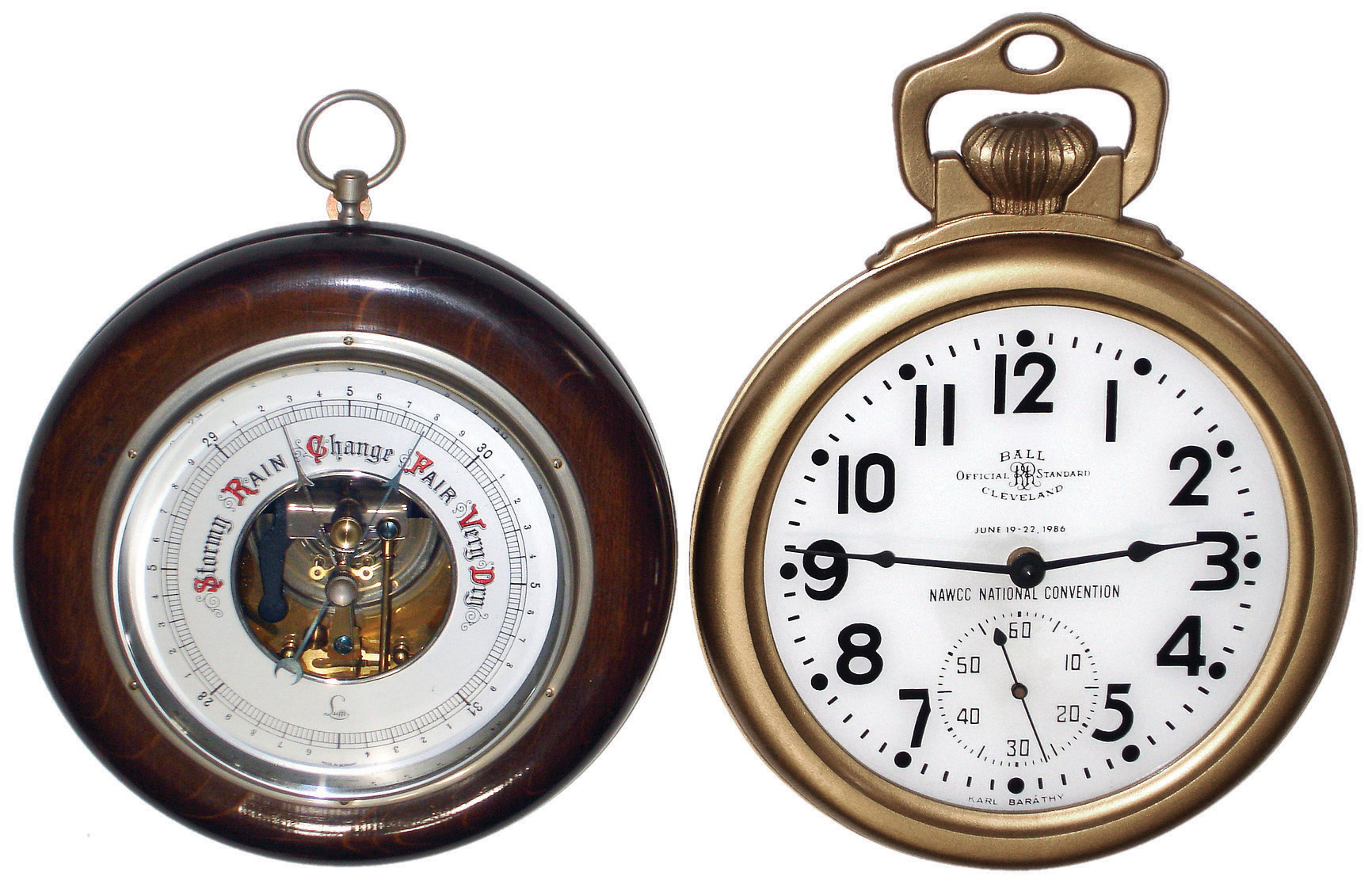 Clocks- 7 (Seven) and a barometer: (1) German modern reproduction of cast-composite clock peddler figure and 30-hour clock, c1980; (2) 1986 NAWCC souvenir quartz-movement pocket watch wall clock; (3) & (4) Bulova Watch Co., Swiss- 2 (Two) prints of old city scenes with working battery-powered clocks within the pictured towers, mid 20th century; (5) German Black Forest 2-weight 30-hour hanging cuckoo clock, early 20th century; (6) Swiss modern Neuchatel style, 8 days, painted wood bracket clock with bracket, quarter strike on two bells, c1985; (7) Horolovar Co., New York [Charles Terwilliger] reproduction ÒHickory Dickory DockÓ mouse clock, 8 days, time with bell on the hour, c1970; (8) Lufft, Germany, aneroid barometer — Antique Clocks Price Guide