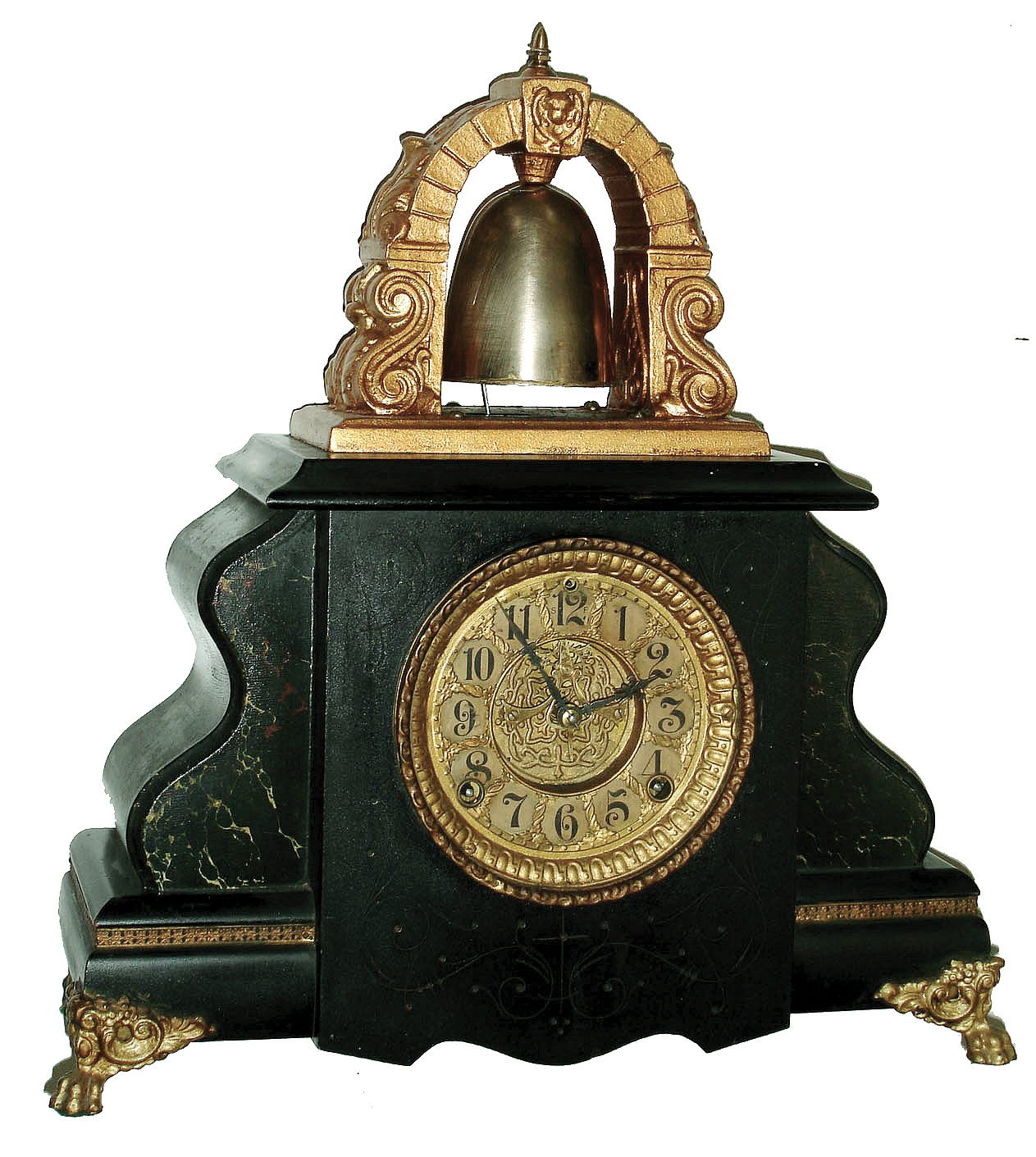 William L. Gilbert Clock Co., Winsted, Conn., ÓCurfewÒ 8 days, time and strike, black enameled wood mantel clock, visible escapement, c1915 — Antique Clocks Price Guide