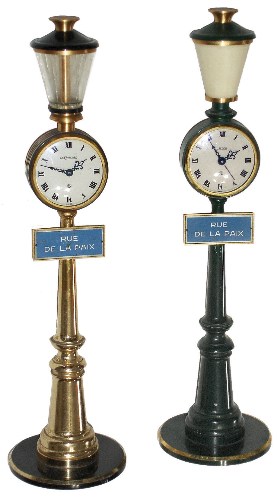 Clocks- 2 (Two) Swiss, Jaeger & Le Coultre, ÒRUE DE LA PAIXÓ painted metal mini streetlamp timepieces, 8 days rear wind, set and regulation, lever movements. Jaeger has alarm. c1965 — Antique Clocks Price Guide