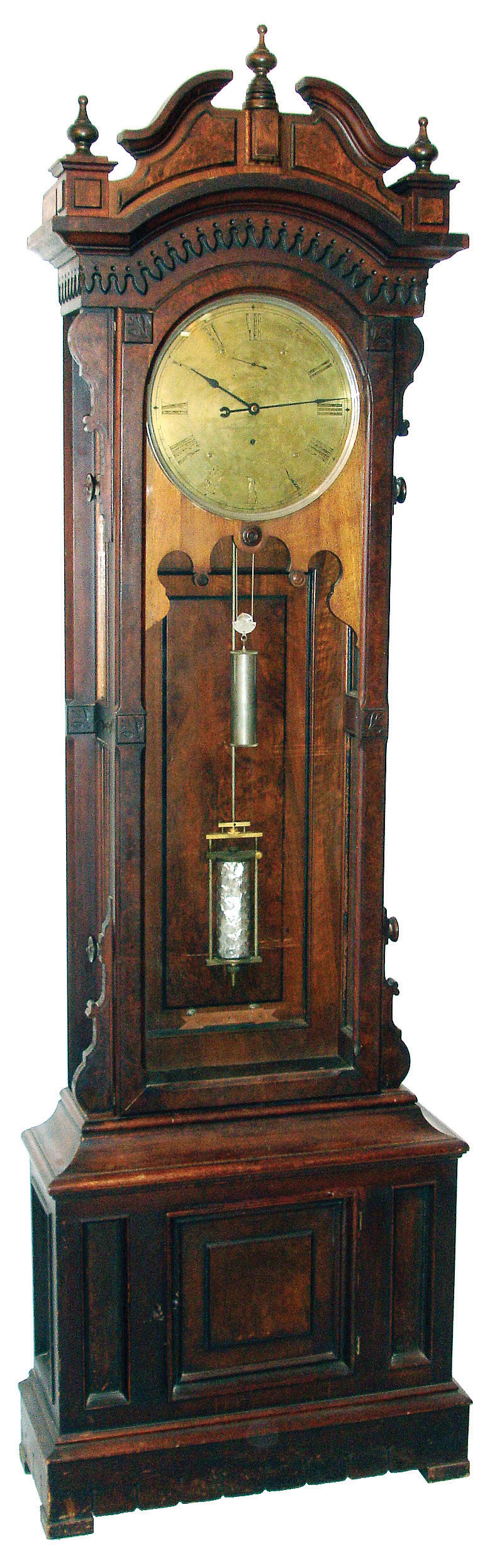 Seth Thomas Clock Co., Thomaston, Conn., ÓRegulator No. 15Ò, tall case clock, 8 days, time only, weight driven, nickel plated movement, beating independent seconds with thumb print single jar mercury pendulum in a walnut case with burled walnut accents and a brass dial, c1886 — Antique Clocks Price Guide