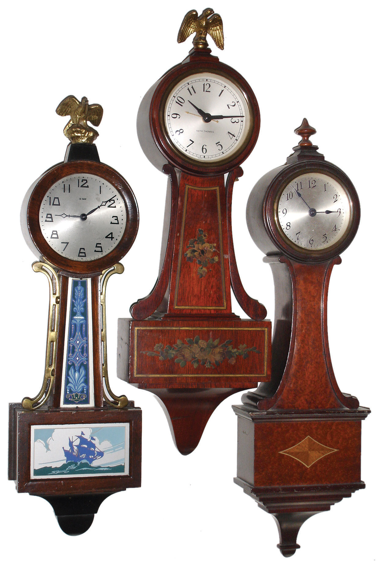 Clocks- 5 (Five) wall clocks: (1), (2) & (3) small time-only banjo clocks; (1) Seth Thomas ÒPomfretÓ 4-jewel, c1929; (2) New Haven 12-day ÒWillisÓ, c128; (3) Seth Thomas ÒFairfieldÓ plug-in electric, c1932; (4) Seth Thomas Clock Co., Thomaston, Conn., for U.S. Navy ÒMark I Boat ClockÓ black phenolic case time only, 3Ò dial, 8 days, clock with original wall bracket, dated 1942; (5) Waterbury Clock Co., Waterbury, Conn., ÓBrockvilleÒ, 8 days, time and strike, spring-driven brass movement wall clock, c1893 — Antique Clocks Price Guide