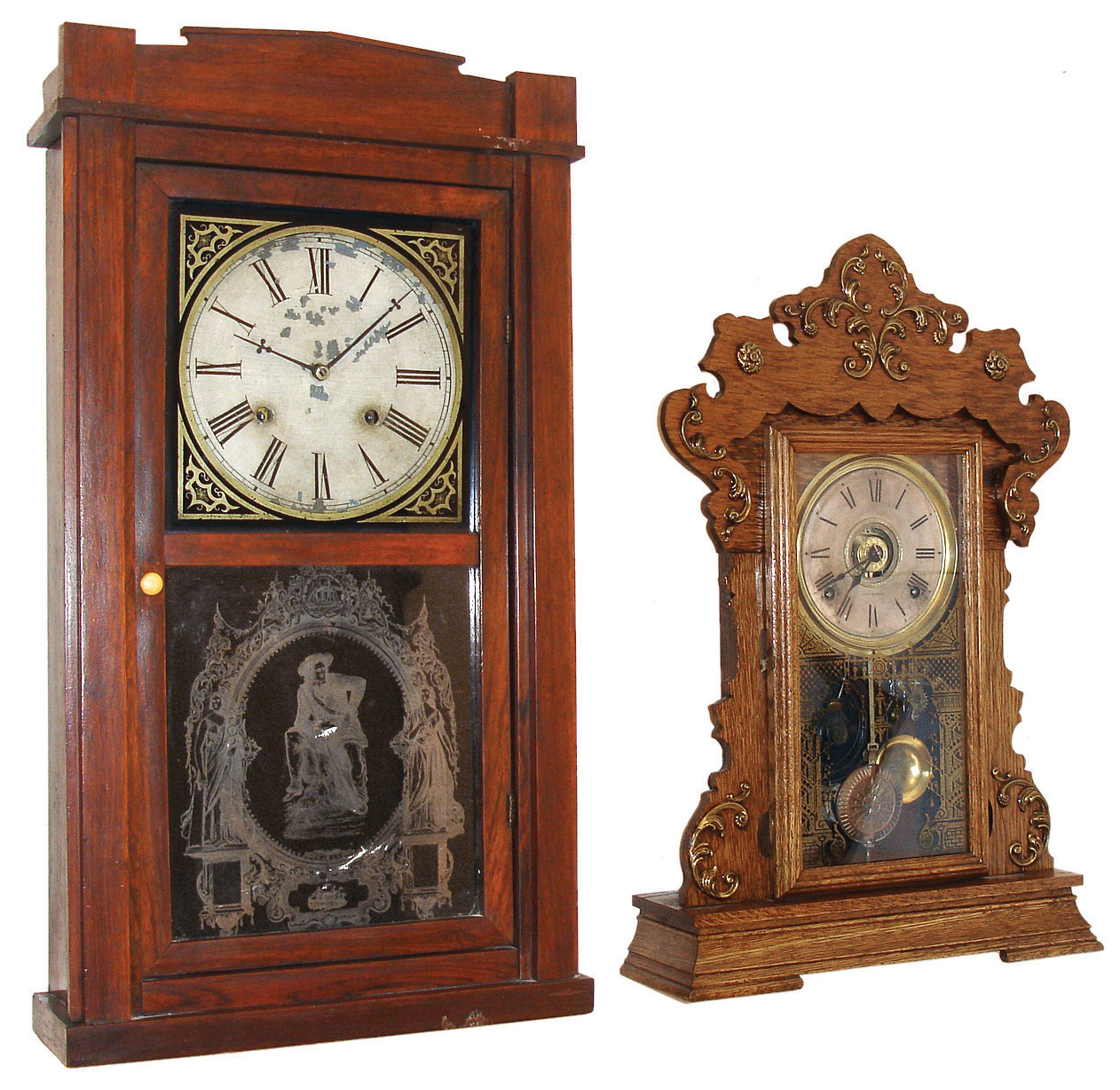 Clocks- 4 (Four) American shelf clocks: (1) Waterbury Clock Co., Waterbury, Conn.weight driven, 30 hours, time and strike, shelf clock in a rosewood veneer case (Chauncey JeromeÕs 1857 case patent), c1860. (2) Seth Thomas Clock Co., Thomaston, Conn., ÒNo. 1117 from the Metals SeriesÓ, spring driven, 8 days, time, strike and alarm in an oak case with brass embellishments c1909; (3) Waltham, 30 hours, gas light clock with milk glass, c1900; (4) Waltham, 8 days, art deco triangular auto clock, c1925 — Antique Clocks Price Guide