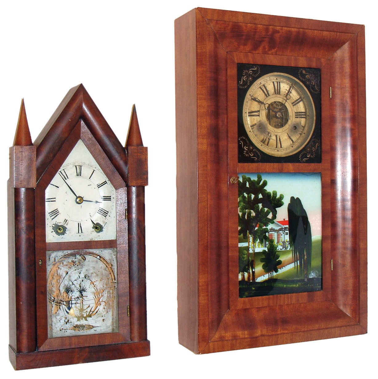 Clocks- 4 (Four) American: (1) JeromeÕs & Co., Bristol, Conn., 30 hours, time and strike, weight brass movement OG shelf clock; (2) Brewster & Ingrahams, Bristol, Conn., 30 hours, time and strike, spring-driven brass with iron back plate movement Sharp Gothic or steeple clock; (3) Seth Thomas Clock Co., Plymouth, Conn., half column shelf clock with 30 hours, time and strike, movement with brass springs in a mahogany case, c1850; (4) Seth Thomas Sons and Co., ÒNo. 5002Ó, 15-day, time only, candle stand clock, with round glass dome, c1872 — Antique Clocks Price Guide