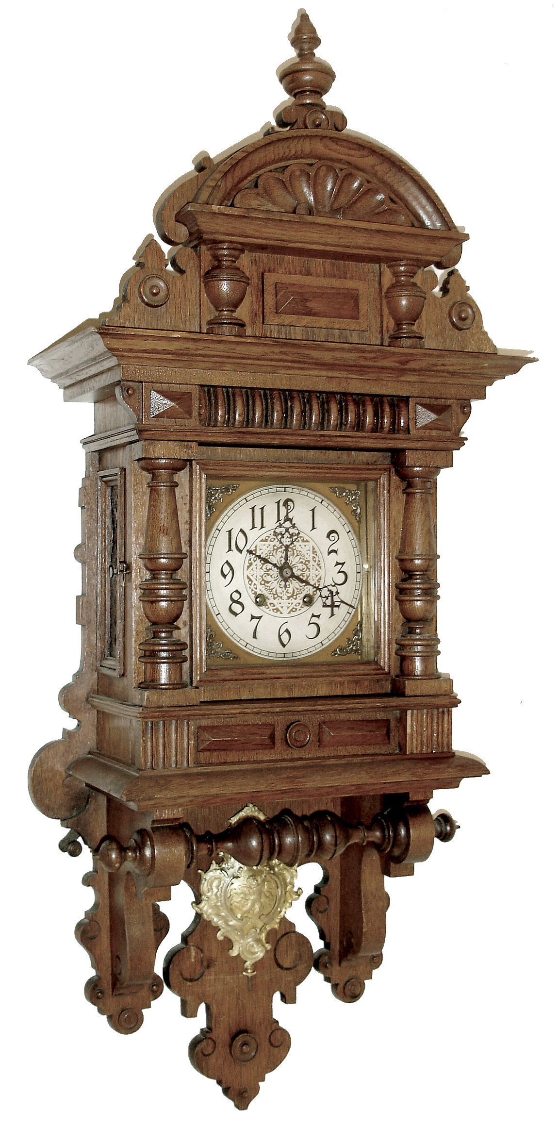 Lenzkirch, Germany, free swinger oak case with turned ornaments and shallow scroll carving, removable top with carved shell and central finial, Arabic numeral silvered dial, pierced, blued steel hands, 8 days, time and strike, movement, gilt pendulum with rococo style ornament and putto, serial No. 1,216,898, c1900 — Antique Clocks Price Guide