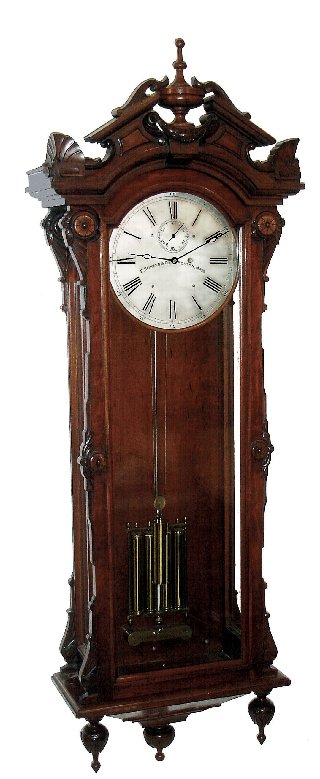 E. Howard & Co., Boston, Mass., ÒNo. 60 RegulatorÓ, wall clock, 8 days, time only, brass, weight driven, secondÕs beating movement with Graham deadbeat escapement and mercury compensated polished four brass cylinder pendulum in a black walnut case with a silvered brass dial, c1885 — Antique Clocks Price Guide