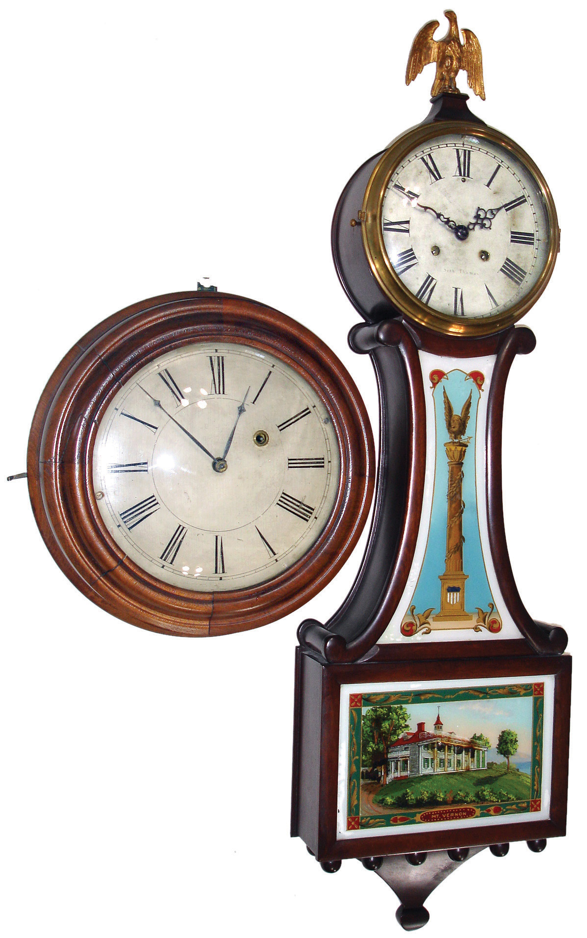 Clocks- 3 (Three), 8 days, Connecticut wall clocks: (1) Brewster & Ingrahams, time only, walnut gallery clock, c1850; (2) Seth Thomas, time and strike, banjo clock, early 20th century; (3) Seth Thomas Clock Co., Thomaston, Conn., ÒWardroomÓ shipÕs bell clock, 30 hours, time and strike, spring driven, hanging clock in oak case, c1904 — Antique Clocks Price Guide
