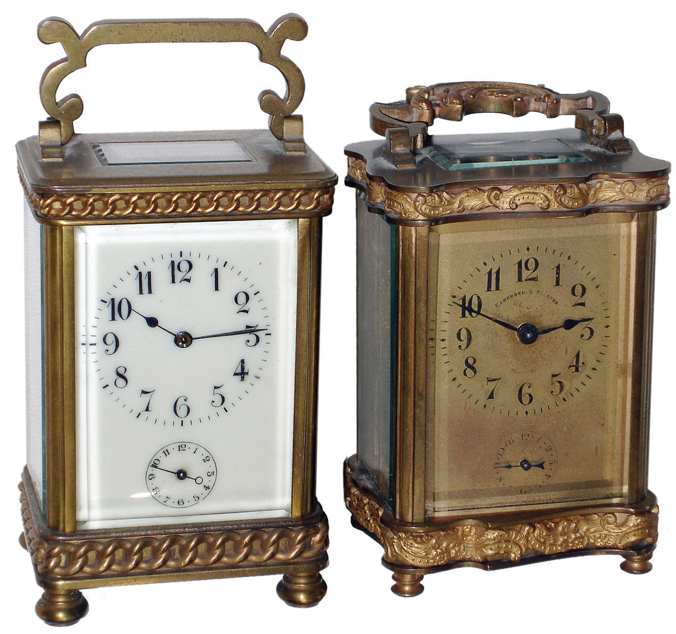 Clocks- 3 (Three) 8 days, brass and glass carriage clocks: (1) French time and alarm ÓRepousse Decorated DoucineÒ case, dial signed ÓCamerden & ForsterÒ (New York retailers); (2) ÓBoite RicheÒ case, early 20th century; (3) Seth Thomas Clock Co., Thomaston & New York, NY, ÓCarriage No. 1Ò, 8 days, time only, brass and glass carriage clock, c1896 — Antique Clocks Price Guide