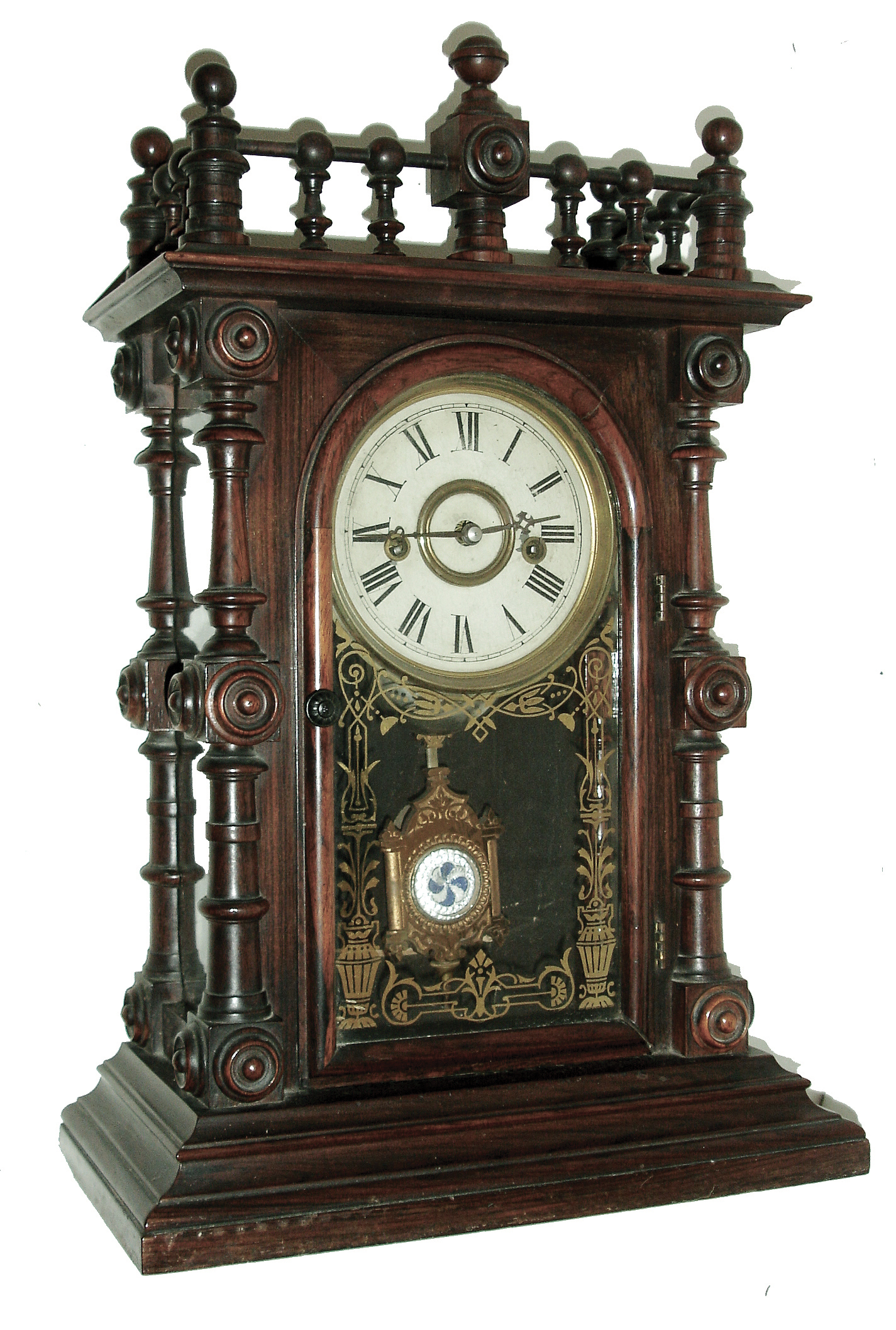 Welch, Spring & Co., Forestville, Conn., GERSTER, V.P., from the Patti series. This is one of two of the Gerster model that we are offering in this sale, in addition to a Patti. The case is of rosewood, with turned corner columns & decorative buttons. Typical polished red brass pendulum with glass center, c1885 — Antique Clocks Price Guide