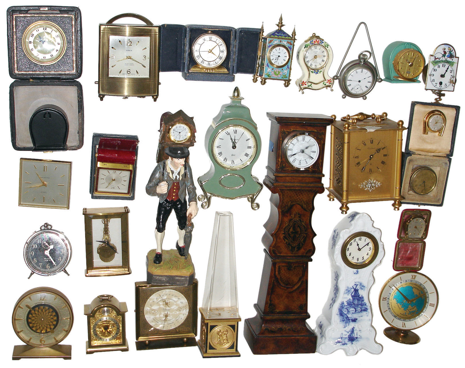 Clocks- 27 (Twenty-seven) novelty, travel, and alarm mostly 20th century, including a French, for Tiffany & Co., brass and glass time, strike and alarm carriage clock, c1900 — Antique Clocks Price Guide