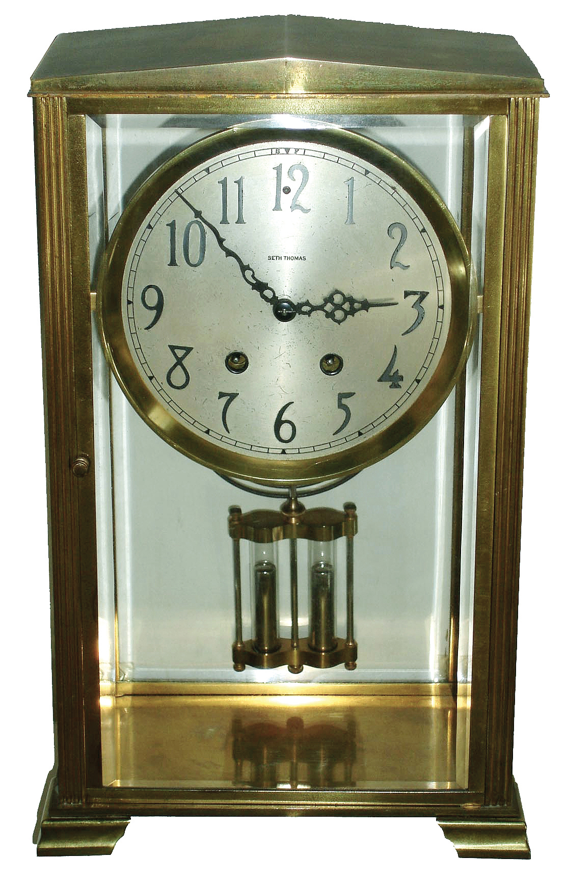 Clocks- 3 (Three) Seth Thomas Clock Co., Thomaston, Conn., brass and glass, 8 days, time and strike, crystal regulator mantel clock, c1910: (1) an unidentified ÒEmpireÓ; (2) an ÒEmpire No. 64Ó with fluted columns; (3) a ÒCarriage No. 7Ó with D-105 balance wheel movement — Antique Clocks Price Guide