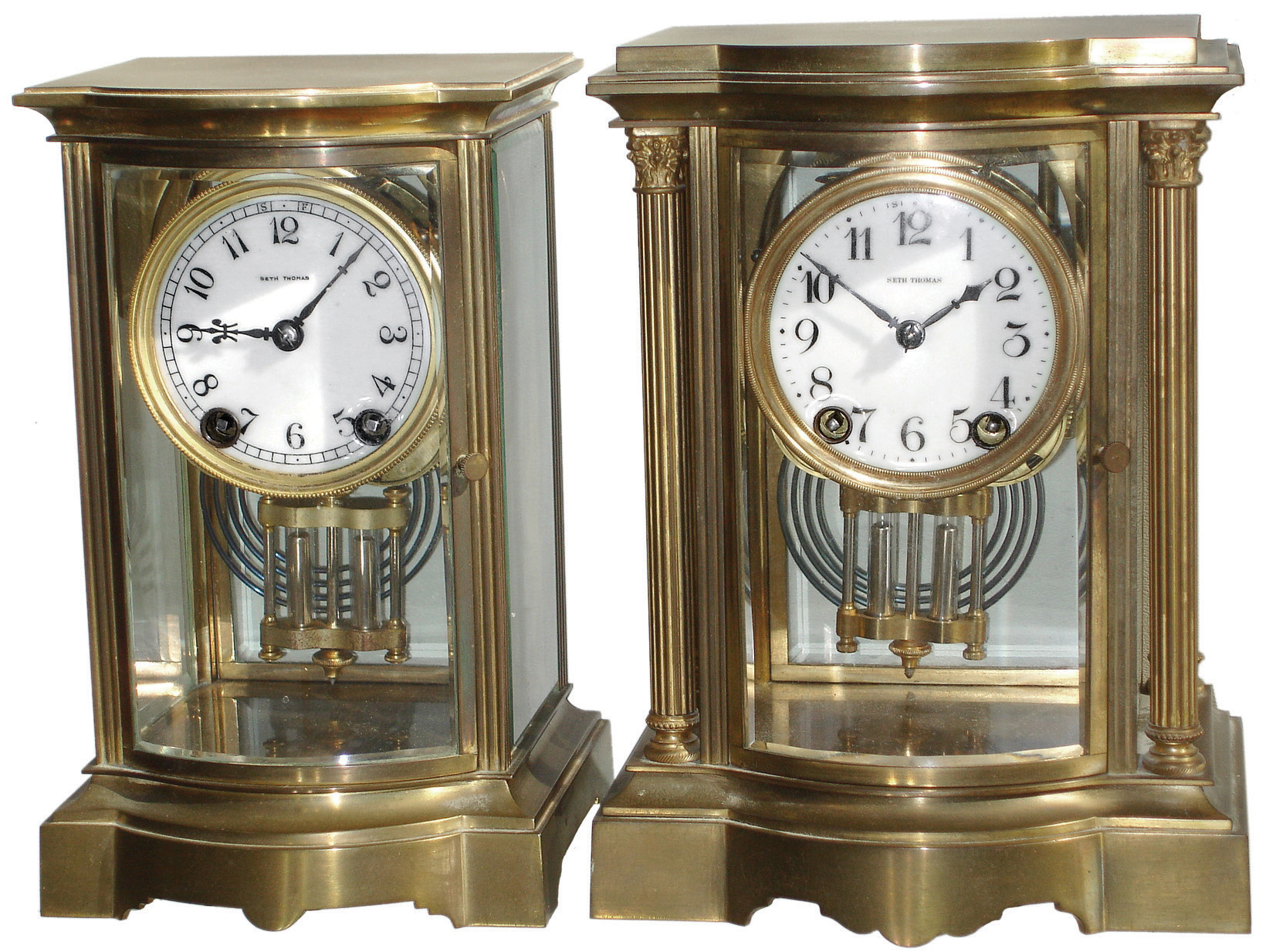 Clocks- 2 (Two) Seth Thomas, Thomaston, Conn., bow-front brass and glass, time and strike, crystal regulator mantel clocks: ÒEmpire No. 48Ó; ÒEmpire No. 65Ó with fluted columns, c1909 — Antique Clocks Price Guide