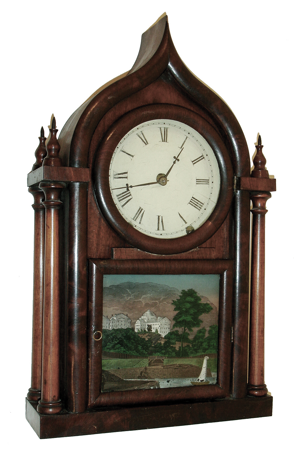Brewster Manufacturing Co., Bristol, Conn., ÓOgee GothicÒ (Onion Top) shelf clock in a mahogany case with a spring driven, 8 days, time and strike, movement, c1854 — Antique Clocks Price Guide