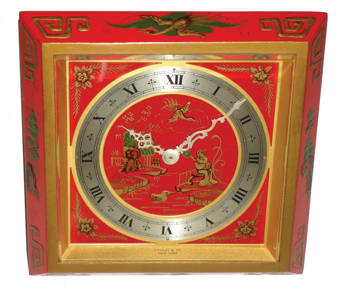 Chelsea Clock Co., Boston, Mass., for Tiffany ÒChinese LacquerÓ red painted, 8 days, time only, easel-style desk clock, No. 606066, c1957 — Antique Clocks Price Guide