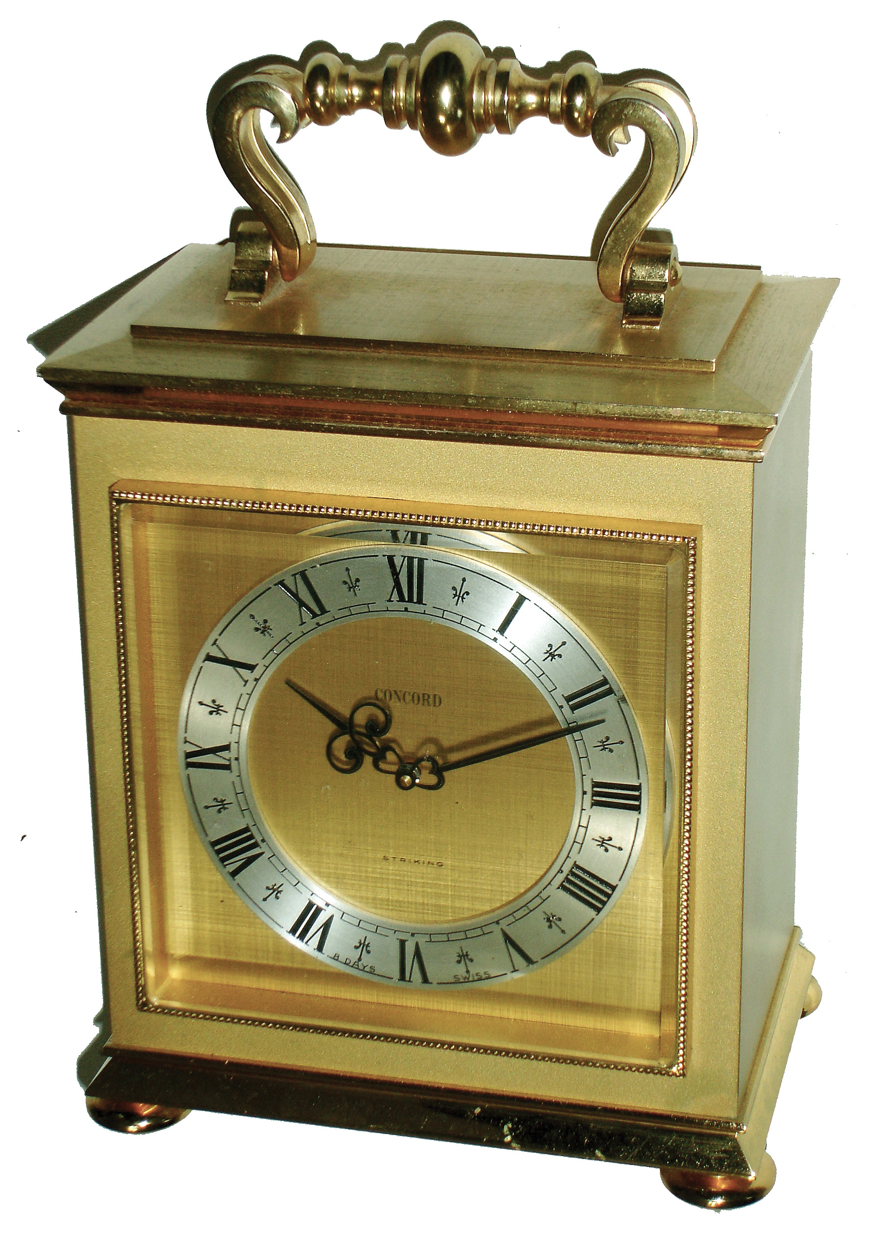 Concord Swiss, 8 days, striking lacquered brass oversize carriage clock, mid 20th century — Antique Clocks Price Guide