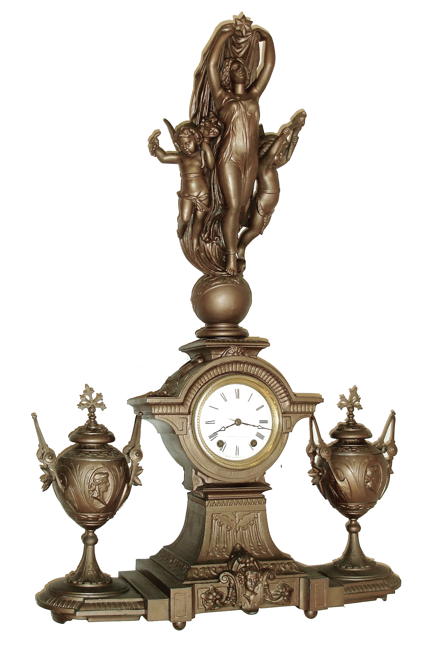 Seth Thomas Sons & Co., New York, NY, ÓNo. 8056Ò figural mantel clock, 15 days, time and half hour strike, spring driven movement in a gold finished spelter case surmounted by a female figure with arms raised flanked by two Putti resting on a base with two fancy urns with a white enamel dial, c1872 — Antique Clocks Price Guide