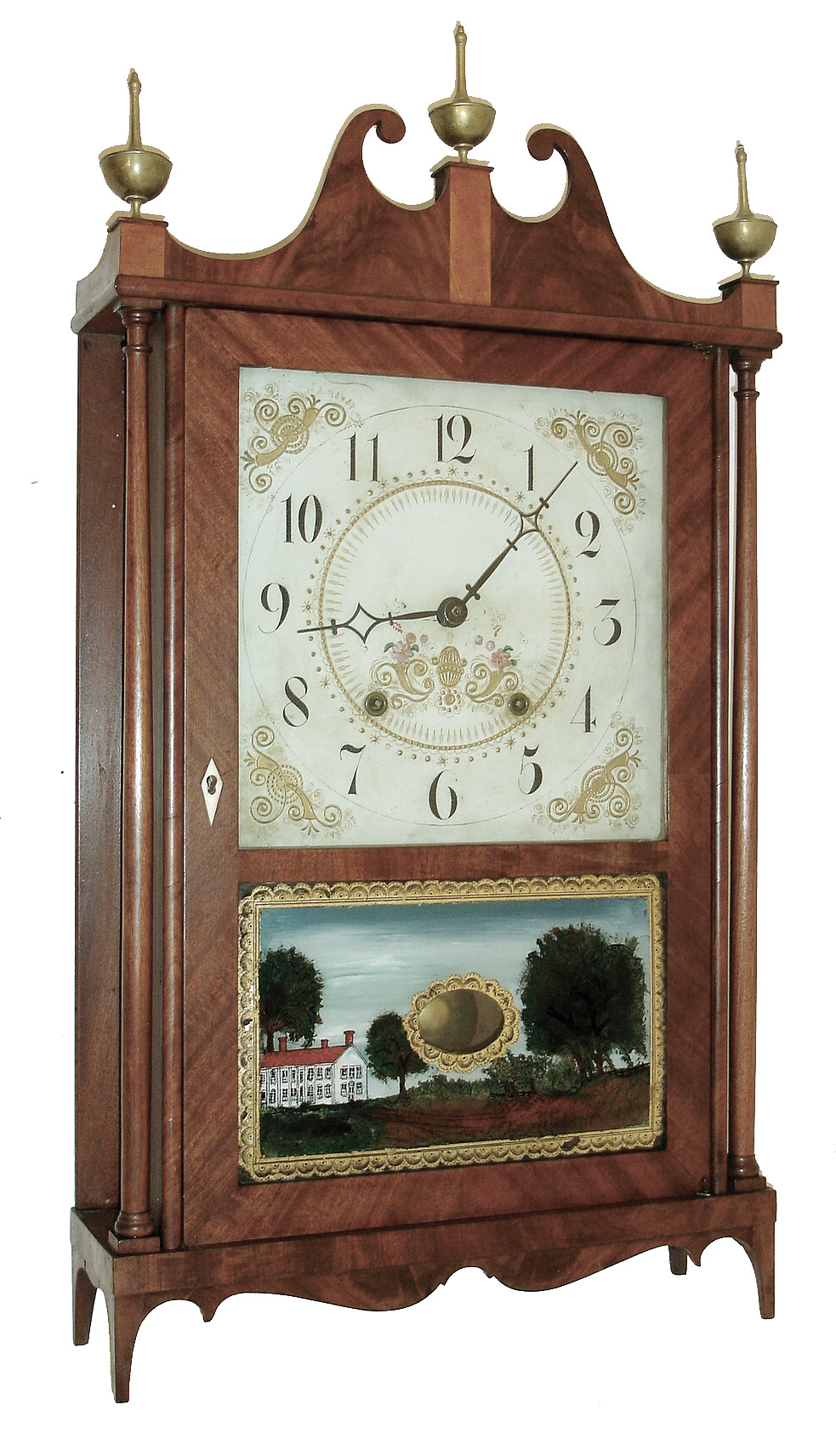 Silas Hoadly, Plymouth, Conn., 30 hours, time and strike, weight wood movement Pillar and Scroll shelf clock. Some of HoadleyÕs early clocks are found with this misspelled label, c1826 — Antique Clocks Price Guide